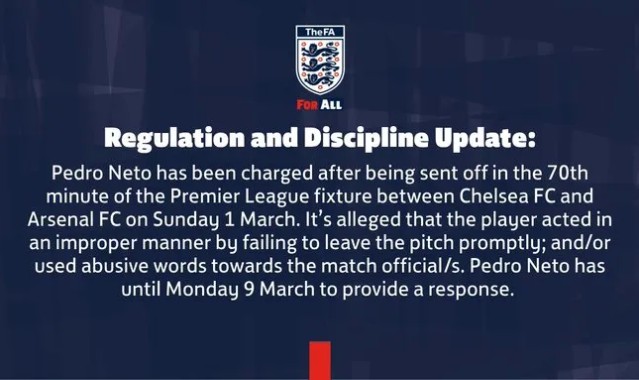 开云app-英足总官方：指控切尔西边锋内托红牌后出言不逊+未及时离场